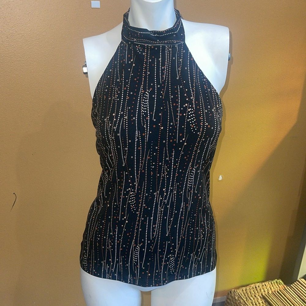 NWT Veronica M Black Halter Top with earth tone strip & dot Pattern Size Small
